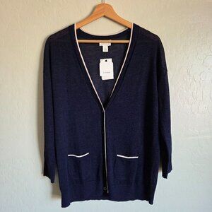 Caslon Linen Blend Button Up V-Neck Cardigan Navy Size Large Nautical Preppy NEW